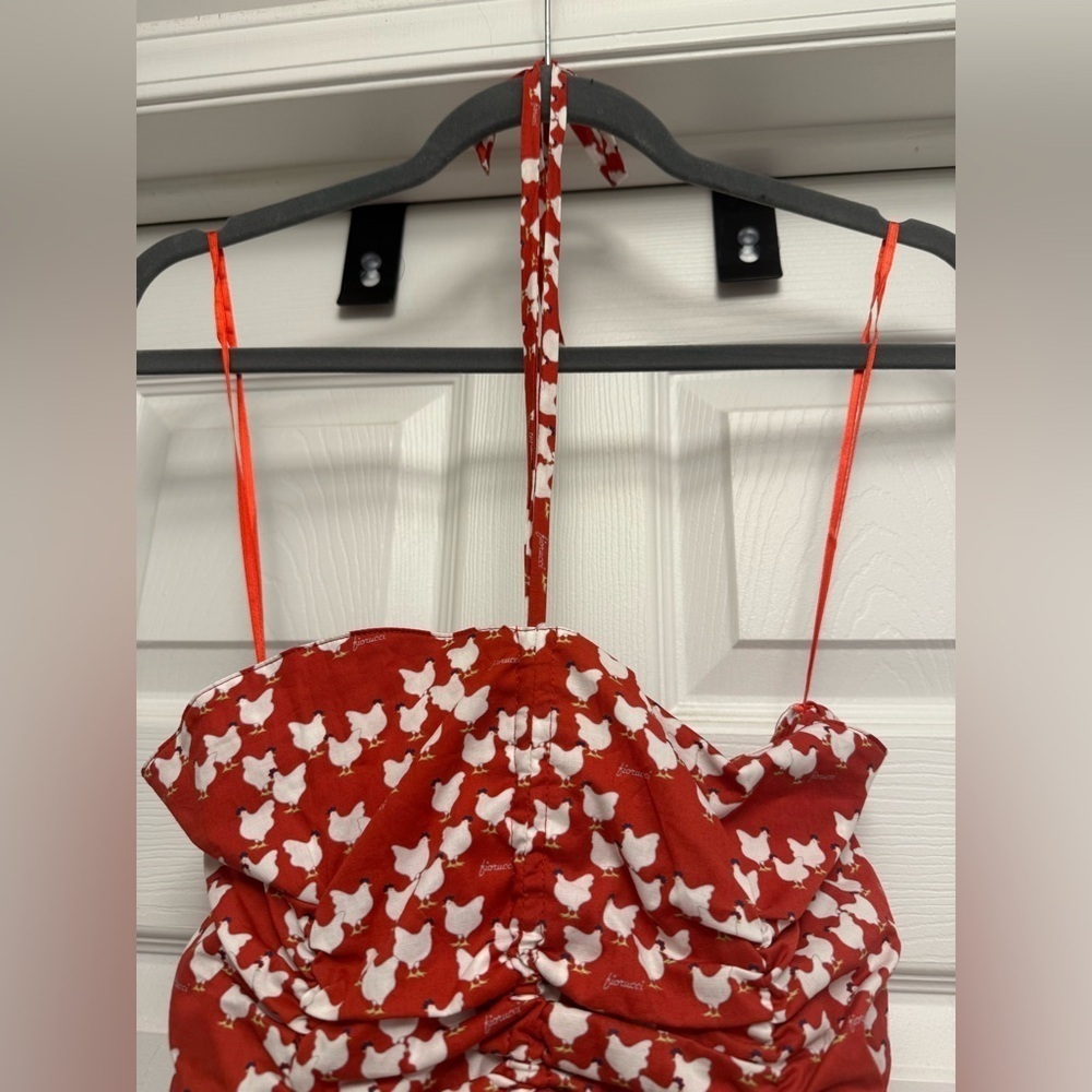 Fiorucci Women’s Red White Chicken Print Ruched Mini Dress Halter Size 42 - Picture 5 of 9